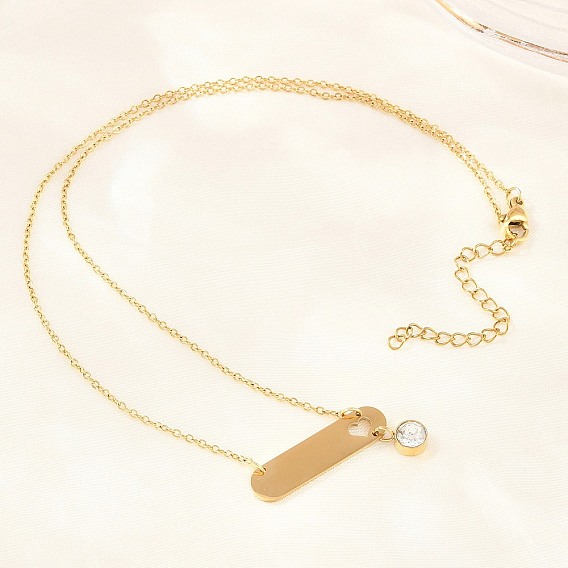 304 Длинное овальное ожерелье из нержавеющей стали с кристаллами и стразами, дополненное плоским круглым кулоном., ионное покрытие (ip), долговечный