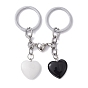 Porte-clés en pierre noire naturelle et cœur en jade blanc naturel, alliage magnétique fermoir coeur couple porte-clés