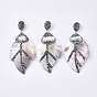 Black Lip Shell Big Pendants, with Platinum Tone Alloy Findings & Polymer Clay Rhinestones & Pearl, Leaf