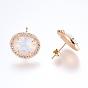 Brass Micro Pave Cubic Zirconia Stud Earring Findings, with Loop, Glass, Imitation Opalite, Oval, Golden
