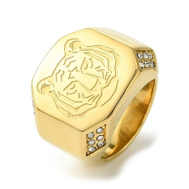 304 Stainless Steel Rhinestone Tiger Signet Rings, Wide Band Ring for Men