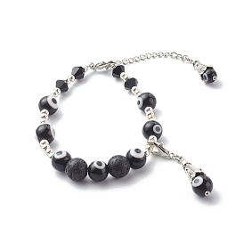 Handmade Round Evil Eye Lampwork Beaded Bracelets, with Alloy & Lava Rock Beads