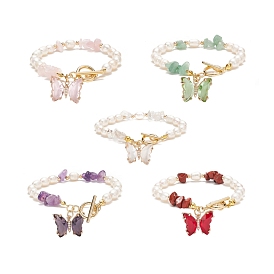 Glass Butterfly Charm Bracelet with Clear Cubic Zirconia, Natural Gemstone Chips & Pearl Beaded Bracelet for Women