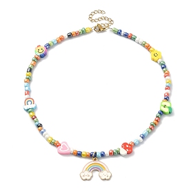 Alloy Enamel Rainbow Pendant Necklace, Flower & Heart & Mushroom Polymer Clay & Seed Beaded Necklace