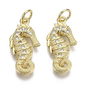 Brass Micro Pave Clear Cubic Zirconia Pendants, with Jump Ring, Nickel Free, Sea Horse Shape