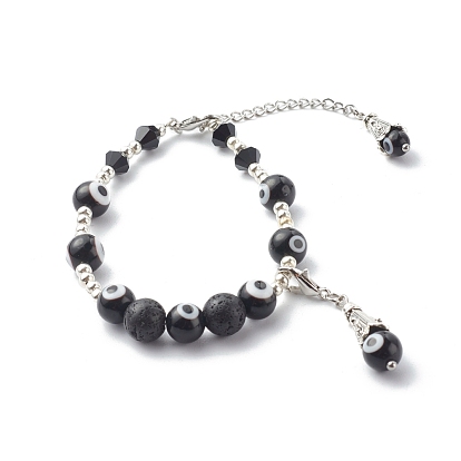 Handmade Round Evil Eye Lampwork Beaded Bracelets, with Alloy & Lava Rock Beads