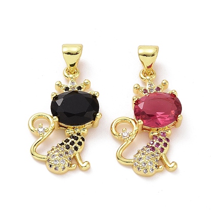Brass Micro Pave Cubic Zirconia Pendants, Cadmium Free & Lead Free, Cat Charms, Golden