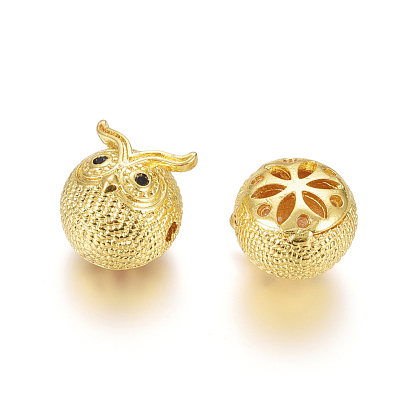 Brass Beads, with Cubic Zirconia, Long-Lasting Plated, Owl