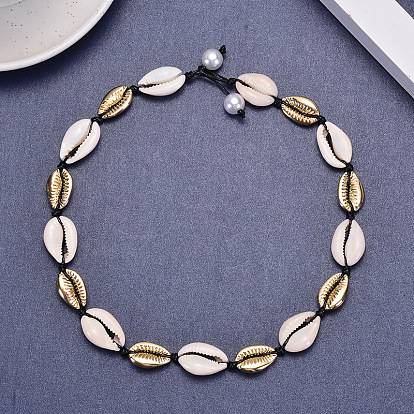 Handmade Pearl and Shell Short Necklace with Golden Alloy Shell Pendant