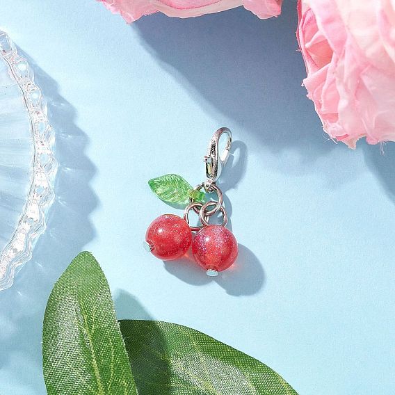 Подвесные украшения из искусственной смолы и акрила с имитацией кошачьего глаза, вишня, Сплав с застежками когтя омара