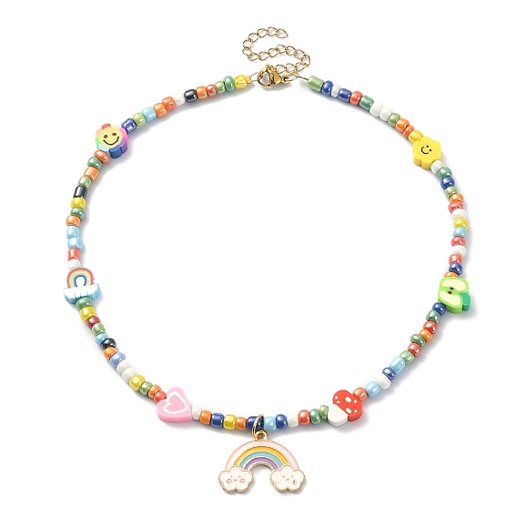 Collier pendentif arc-en-ciel en alliage émaillé, fleur, cœur et champignon, argile polymère et collier de perles de graines