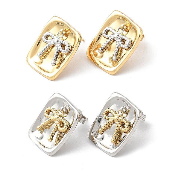 Двухцветные 304 серьги-гвоздики из нержавеющей стали, прямоугольник и бант, ионное покрытие (ip), долговечный