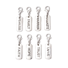 8Pcs 8 Styles Alloy Rectangle with Inspirational Word Pendant Decoration, Lobster Claw Clasps Charms for Bag Ornaments