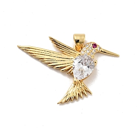 Rack Plating Brass Micro Pave Clear Cubic Zirconia Pendants, Long-Lasting Plated, Lead Free & Cadmium Free, Bird