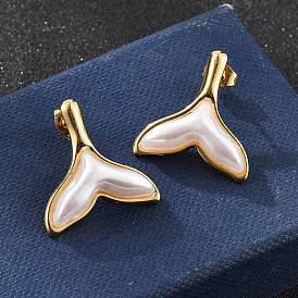 201 серьги-гвоздики в форме хвоста русалки из нержавеющей стали, с 304 штифтами из нержавеющей стали и пластиковой имитацией жемчуга, ионное покрытие (ip)