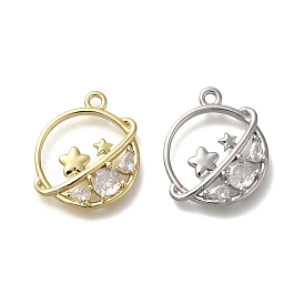 Rack Plating Brass Micro Pave Cubic Zirconia Pendants, Long-Lasting Plated, Planet with Star