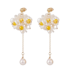 Fleur en grappe de perles en plastique avec de longs boucles d'oreilles pendantes à pampilles, plaqué or 304 bijoux en acier inoxydable pour femmes