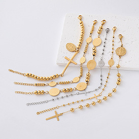 304 Ovales Edelstahlarmband mit religiösem Kreuz, Jungfrau-Heilige-Benedikt-Medaille und Gliedergliedern für Damen