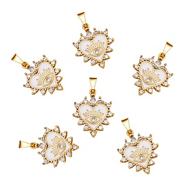 6Pcs Brass Clear Cubic Zirconia Pendants, with Enamel, Long-Lasting Plated, Real 18K Gold Plated, Heart and Eye