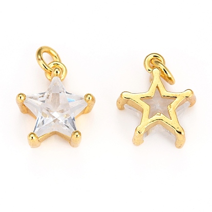 Brass Charms, with Clear Cubic Zirconia and Jump Rings, Long-Lasting Plated, Star
