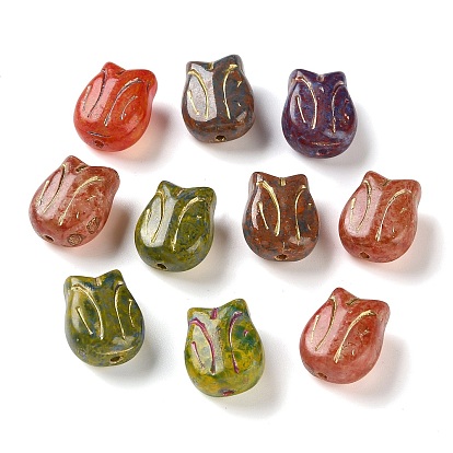 Handmade Lampwork Beads, Tulip Shape, Golden Metal Enlaced
