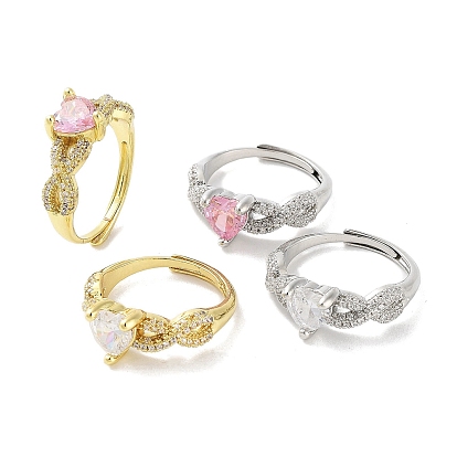 Rack Plating Brass Micro Pave Cubic Zirconia Adjustable Rings, Long-Lasting Plated for Women, Lead Free & Cadmium Free