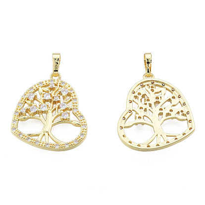 Brass Micro Pave Clear Cubic Zirconia Pendants, with Brass Snap on Bails, Nickel Free, Hollow, Heart with Tree