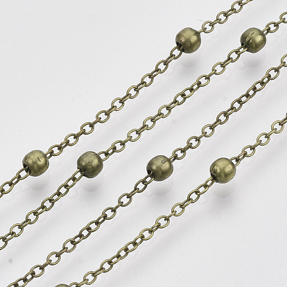 Brass Coated Iron Cable Chains, Satellite Chains, with Brass Round Beads, Soldered, with Spool, Flat Oval