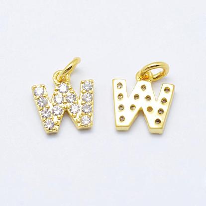 Brass Micro Pave Grade AAA Cubic Zirconia Charms, Letter W, Cadmium Free & Nickel Free & Lead Free