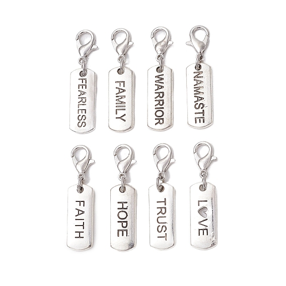8 шт 8 стили сплав прямоугольник с вдохновляющим словом подвеска украшение, Подвески с застежками-когтями омара для украшения сумок