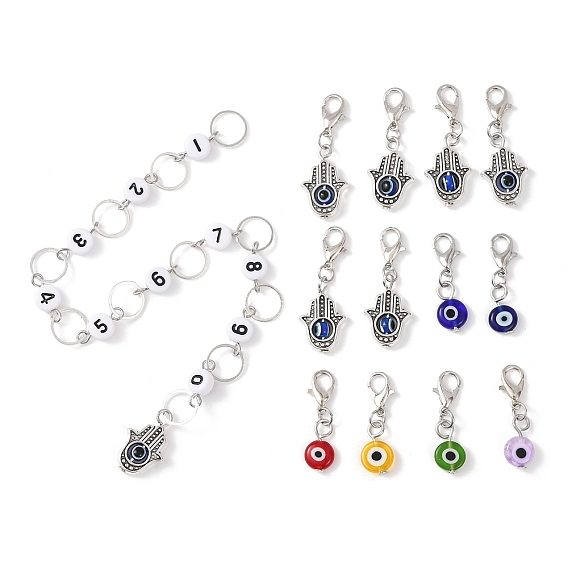 Наборы счетчиков цепочек для вязания рядов и маркеров для запирания петель, со смолой и лэмпворком от сглаза, рука из сплава хамса