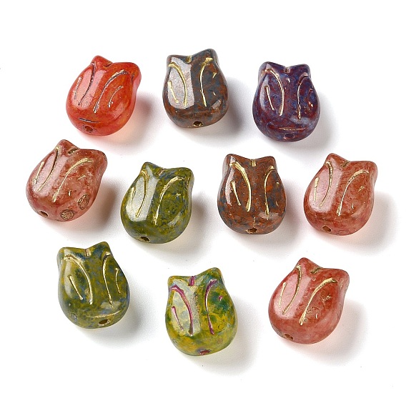Handmade Lampwork Beads, Tulip Shape, Golden Metal Enlaced