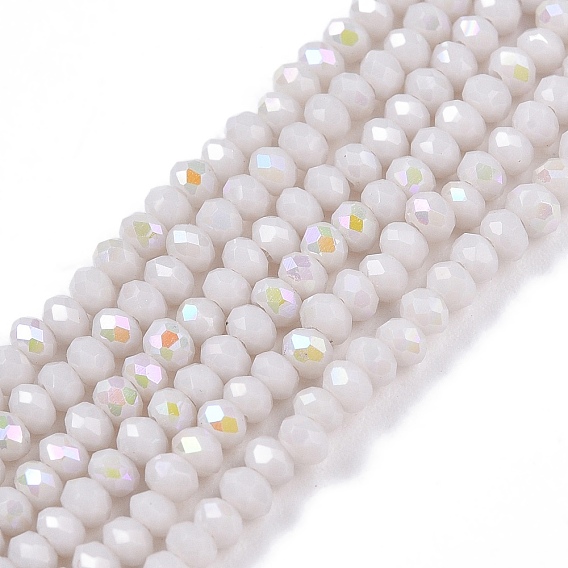 Electroplate Opaque Solid Color Glass Beads Strands, Half Rainbow Plated, Faceted, Rondelle