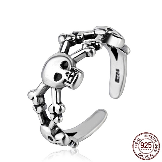 Thailand Sterling Silver Skull Spider Open Cuff Finger Ring, Gothic Jewelry for Women