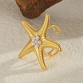 Starfish 304 Stainless Steel Cuff Rings for Women, with ABS Imitation Pearl Beads