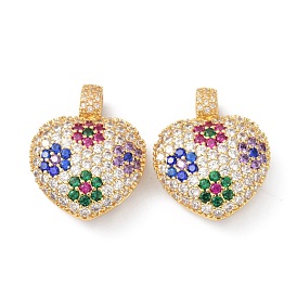 Brass Cubic Zirconia Pendants, with Jump Ring, Long-Lasting Plated, Lead Free & Cadmium Free, Heart