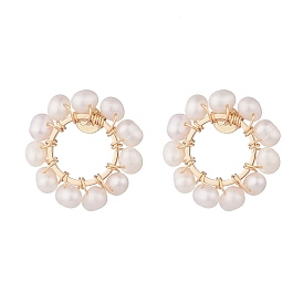 Natural Pearl Beaded Ring Stud Earrings, Wire Wrap Pearl Beads Earrings for Women, Golden