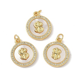 Латунь микропаве фианиты с подвесками-ракушками, плоский круглый знак доллара, долговечный, без свинца и без кадмия, стойки покрытие, с целью перехода в кольце
