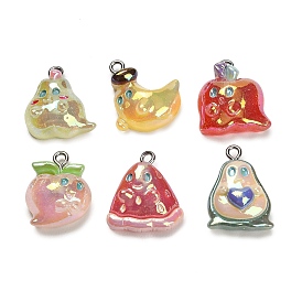 Electroplate Fruit Theme Opaque Resin Pendants, Mixed Shapes Charms, with Platinum Iron Loop & Glitter Powder