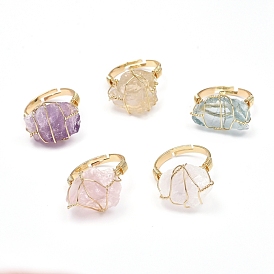 Nuggets Shape Natural Quartz Adjustable Finger Rings, with Brass Findings