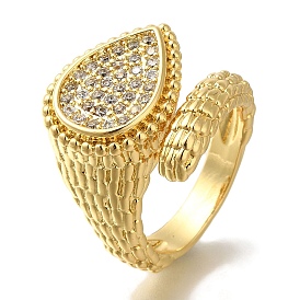 Rack Plating Teardrop Brass Clear Cubic Zirconia Open Cuff Rings, Cadmium Free & Lead Free, Long-Lasting Plated, for Women