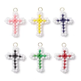 Подвески-крестики из бисера, подвески из стеклянных бусин с узором ткацкого станка, с прыжковых колец