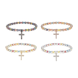4Pcs 4 Color Glass & Synthetic Hematite Round Beaded Stretch Bracelets Set, Cubic Zirconia Cross Charms Stackable Bracelets for Women