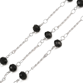304 Stainless Steel Twist Bar & Glass Rondelle Faceted Bead Link Chain, Soldered, with Spool