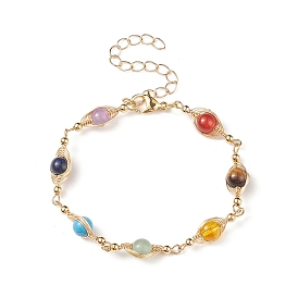 Natural & Synthetic Mixed Gemstone Oval Link Chain Bracelet, Golden Brass Wrap Wrap Jewelry for Women