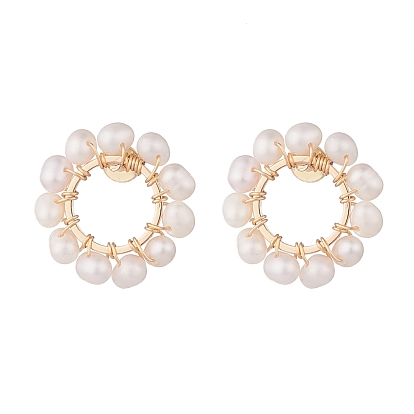 Natural Pearl Beaded Ring Stud Earrings, Wire Wrap Pearl Beads Earrings for Women, Golden