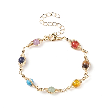 Armband mit ovalen Gliederketten aus natürlichen und synthetischen gemischten Edelsteinen, Wickelschmuck aus goldenem Messing für Damen