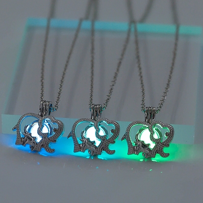 Alloy Elephant Pendant Necklaces, Cable Chain Necklaces, with Luminous Stone