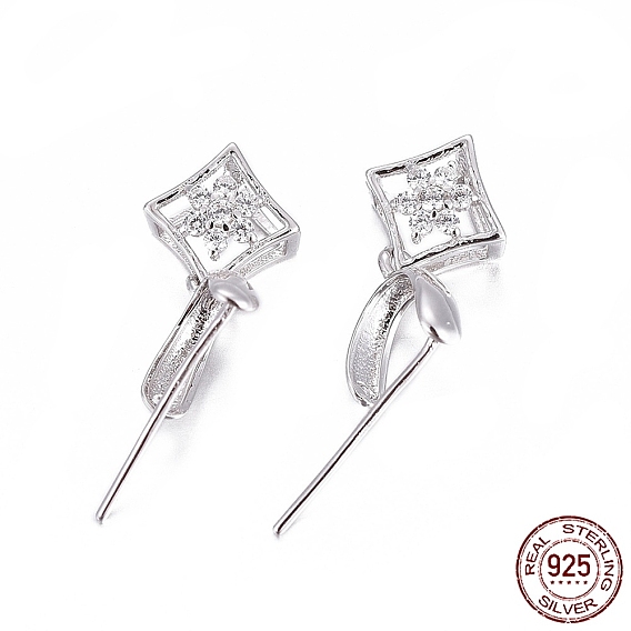 925 Sterling Silver Pendant Bails, with Cubic Zirconia, with 925 Stamp, Snowflake, Clear