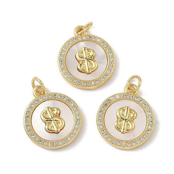 Латунь микропаве фианиты с подвесками-ракушками, плоский круглый знак доллара, долговечный, без свинца и без кадмия, стойки покрытие, с целью перехода в кольце